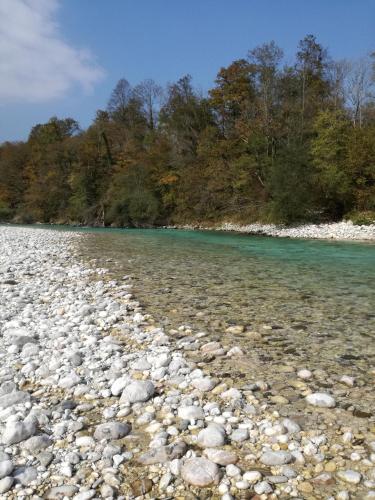 a group of rocks on the shore of a river at Apartments Maligoj in Tolmin