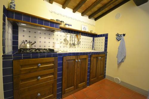 una cucina con piastrelle blu e bianche sul muro di Appartamento Valentino a Cortona