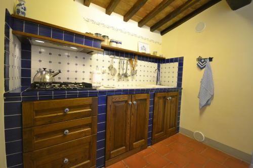 a kitchen with blue and white tiles on the wall at Appartamento Valentino in Cortona