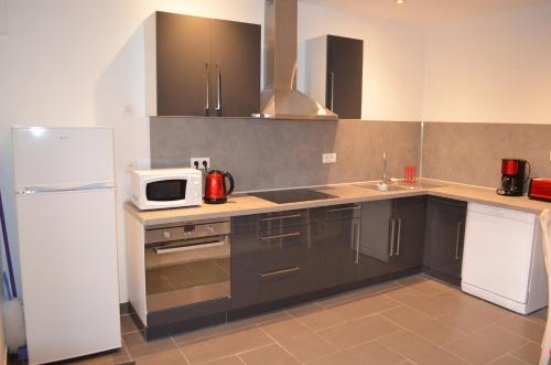 La cuisine est équipée d'un réfrigérateur blanc et d'un four micro-ondes. dans l'établissement Appart vue sur port, à Boulogne-sur-Mer