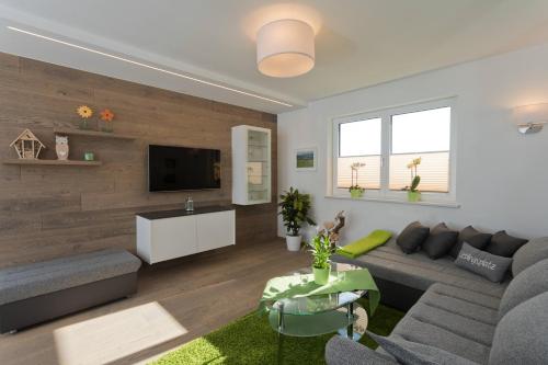 a living room with a couch and a tv at NATURpur 4613 in Baldramsdorf