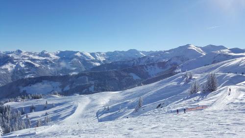 a snow covered mountain with people on a ski slope at Berggasthof Schatzbergalm in Thierbach