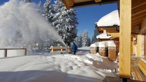 a person standing in the snow next to a building at Berggasthof Schatzbergalm in Thierbach