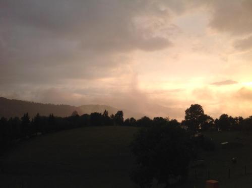 Sonnenuntergang über einem Feld mit Bäumen auf einem Hügel in der Unterkunft Kopanický dvor in Hodruša