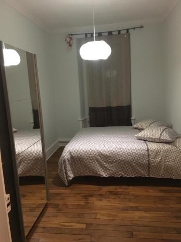 Un dormitorio con dos camas y un espejo. en JLGR3, en Belfort