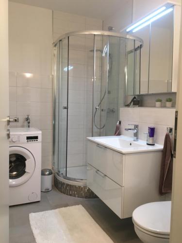 uma casa de banho com um lavatório e uma máquina de lavar roupa em Ferienwohnung Univers em Bad Harzburg