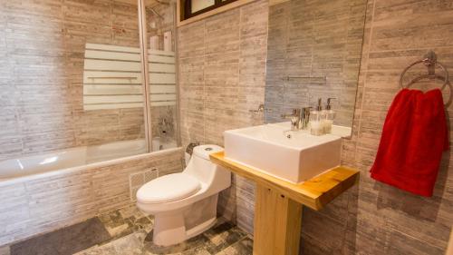 a bathroom with a sink and a toilet and a tub at Comarca Lodge in Pichilemu