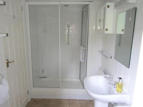 een witte badkamer met een douche en een wastafel bij The Stable in Eastleigh