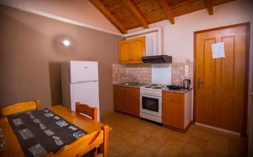 cocina con nevera blanca y fogones en Pension Alexandros, en Preveza