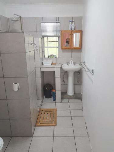 a bathroom with a sink and a toilet and a shower at Piccadilly Farm Cottages in Lions River