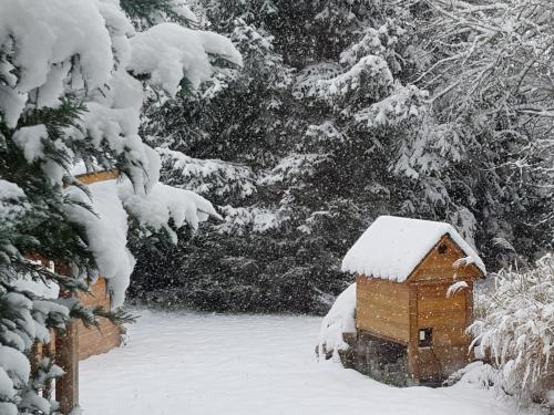 a house covered in snow in a yard at Harzer Auszeit in Hattorf