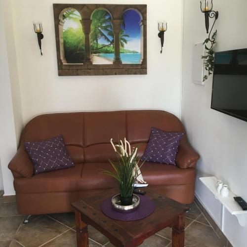 a brown leather couch in a living room with a table at Villa Unique in Willemstad