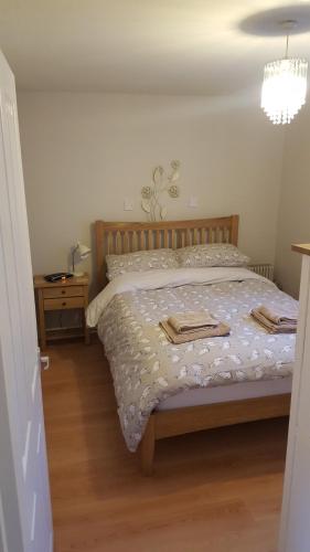 a bedroom with a bed and a chandelier at Silver Ridge, 2 House O` Hill in Newton Stewart