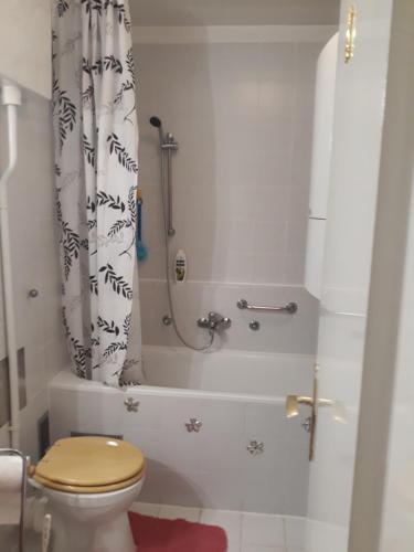 a bathroom with a toilet and a shower curtain at Apartment Karlos in Zagreb