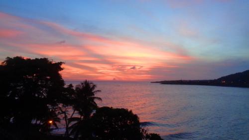 a sunset over a body of water with a tree at Sunset Lane in Laborie