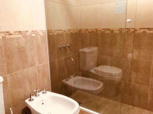 uma casa de banho com um lavatório, um WC e um chuveiro em Don Ramon Departamentos Premium em Tandil