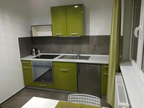 a kitchen with green cabinets and a sink at Apartamenty Oaza in Rewal