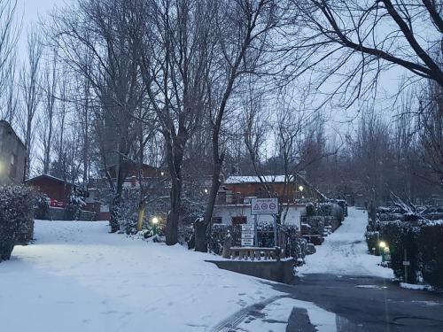 a cemetery covered in snow with lights and trees at Camping Ruta del Purche in Monachil