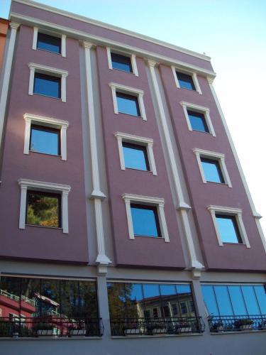a purple building with white columns and windows at Lonca Butik Hotel in Giresun