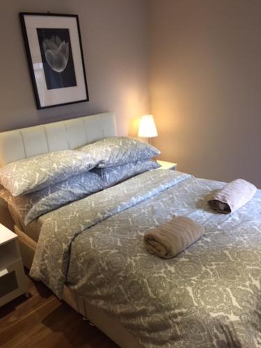 ロンドンにあるStunning 2 bed flat Shepherds Bushのベッドルーム1室(ベッド1台、テーブルの上にランプ付)