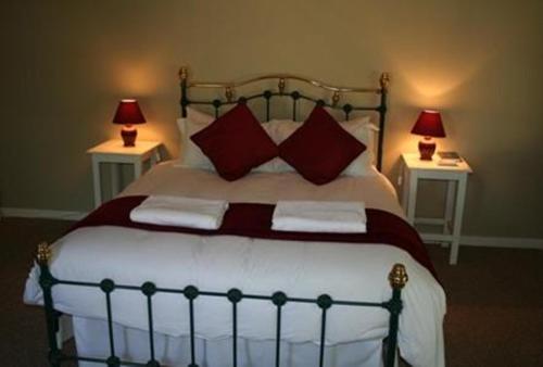 a bedroom with a large bed with two lamps on tables at Karoopark Guest House in Graaff-Reinet