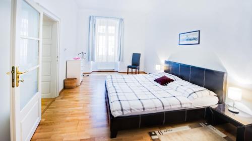 a bedroom with a bed and a desk and a chair at Central Apartmany Biela street in Bratislava