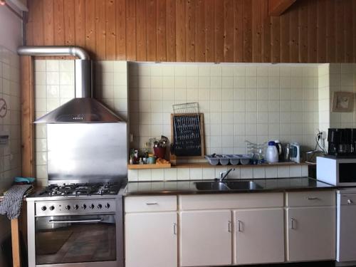 een keuken met een fornuis en een wastafel bij Theaterwerkplaats private appartment in Kantens