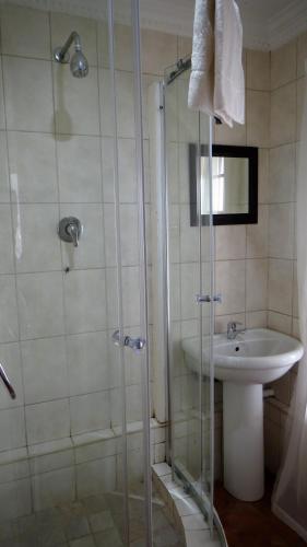 a bathroom with a shower and a sink at Garden Route Ilita Lodge in Groot Brak Rivier