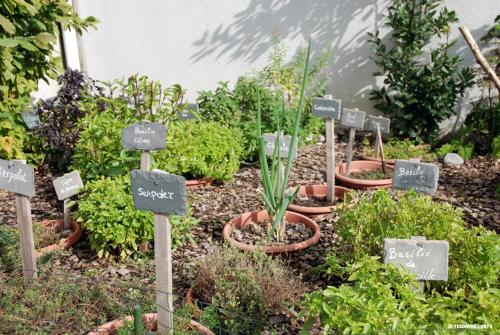 a garden with signs for plants and vegetables at Hôtel Savoie Léman in Thonon-les-Bains
