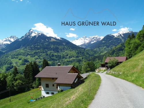 a house on a road with mountains in the background at Haus grüner Wald in Bartholomäberg