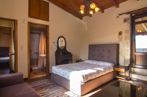 a bedroom with a bed and a mirror at Villa Morfeas - Traditional Cretan Escape with BBQ in Dhamavólos