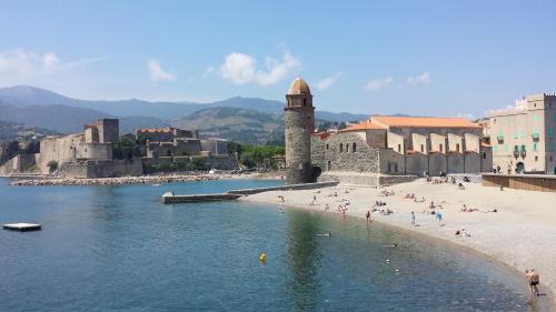 um grupo de pessoas em uma praia perto de um corpo de água em 4SAP22 Appartement climatisé avec double terrasses em Collioure