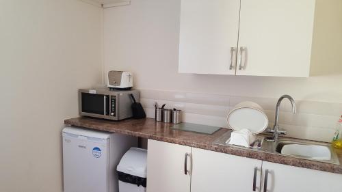 a kitchen with a sink and a microwave at Edward Hotel in Gloucester