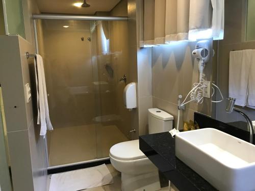 y baño con ducha, aseo y lavamanos. en Scenarium Hotel, en Recife
