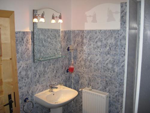 a bathroom with a sink and a mirror at Pensiunea Luminita in Bran