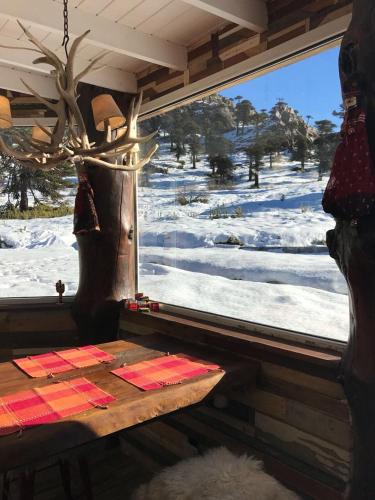 a room with a table in front of a window at Lodge Tikilen Caviahue in Caviahue