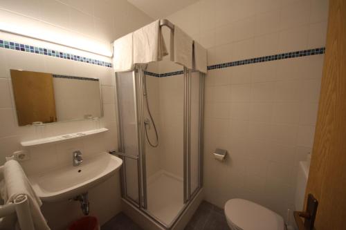 uma casa de banho com um chuveiro, um lavatório e um WC. em Hotel Kleinmünchen em Linz