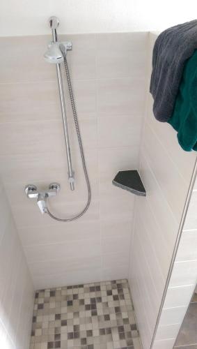 a shower in a bathroom with a tile floor at Beim Hooch "Traud" in Brücktal