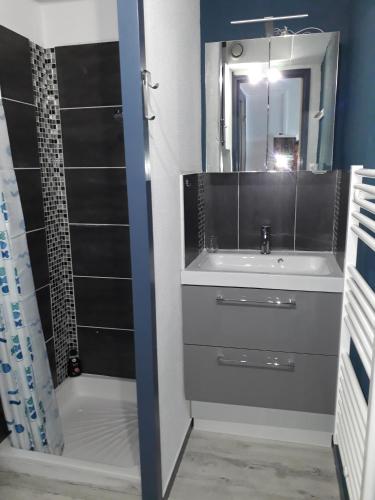 une salle de bain avec un lavabo et une douche dans l'établissement Les Soleils de Pontaillac, à Vaux-sur-Mer