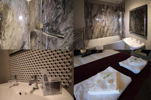 a collage of four pictures of a bathroom at Bampton Townhouse in Bampton