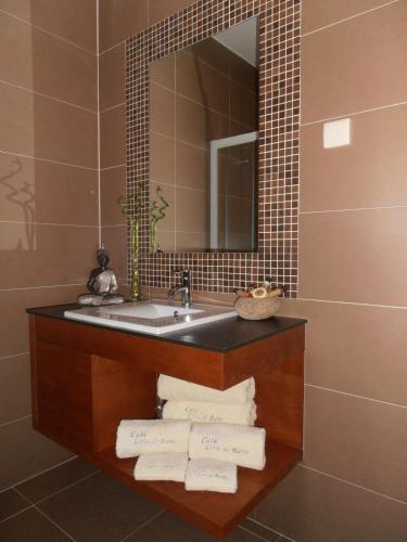 a bathroom with a sink and a mirror and towels at Casa Cova do Barro in Janeiro de Cima