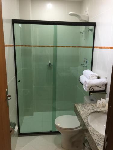 een badkamer met een glazen douche, een toilet en een wastafel bij Village Plaza Hotel in Barbacena