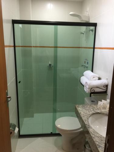 a bathroom with a glass shower with a toilet and a sink at Village Plaza Hotel in Barbacena