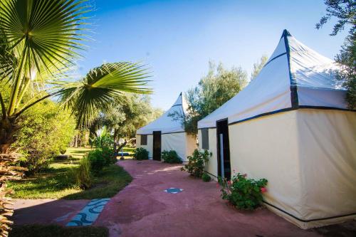 a couple of tents in a yard with a palm tree at Le Relais De Marrakech in Marrakech