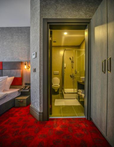 a bathroom with a shower and a toilet and a bed at A11 Hotel Atasehir in Istanbul
