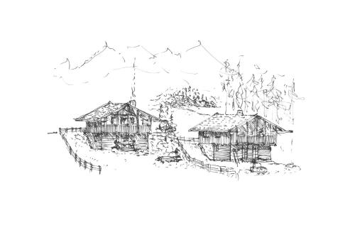 an image of a drawing of two houses at Jagdhütte in Lachtal