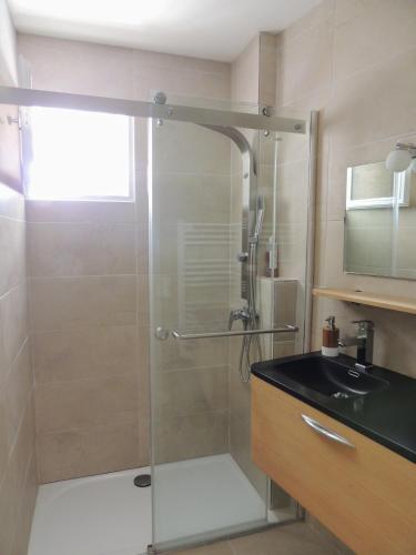 une salle de bain avec une douche en verre avec un lavabo dans l'établissement Mas Les Romarins, à Montesquieu