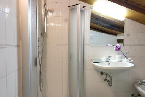 ボローニャにあるCastiglione Lovely Mansardaの洗面台とシャワー付きのバスルーム