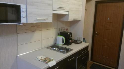 cocina pequeña con fogones y microondas en Apartments Darvina 20, Апартаменты на улДарвина дом 20, en Járkov