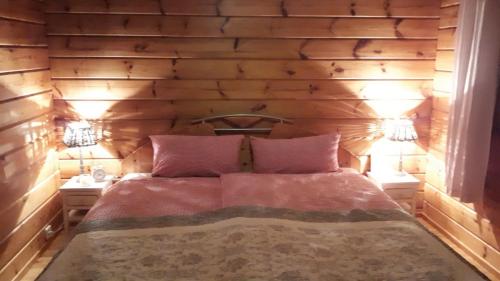 a bedroom with wooden walls and a bed with two lights at Ferienhaus Berg.erleben in Hilders